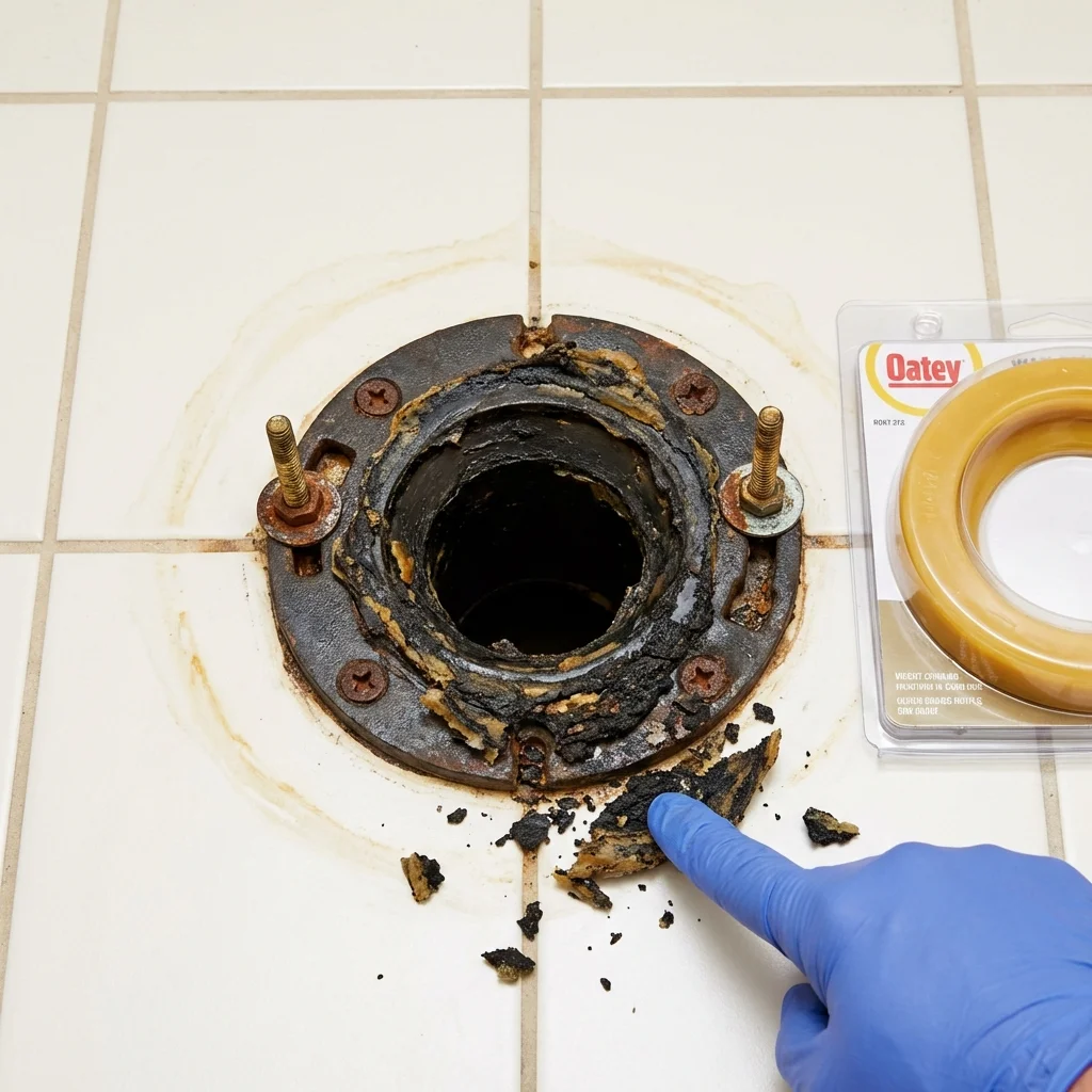 Failed wax ring showing water seepage at the base of a toilet in a Richmond, MA home