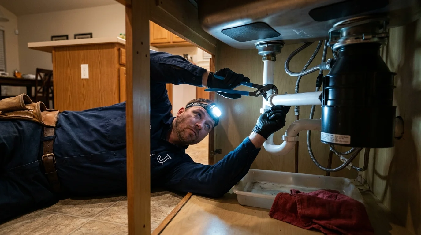 P-trap and supply line connections under a kitchen sink showing a common leak point in Richmond, MA